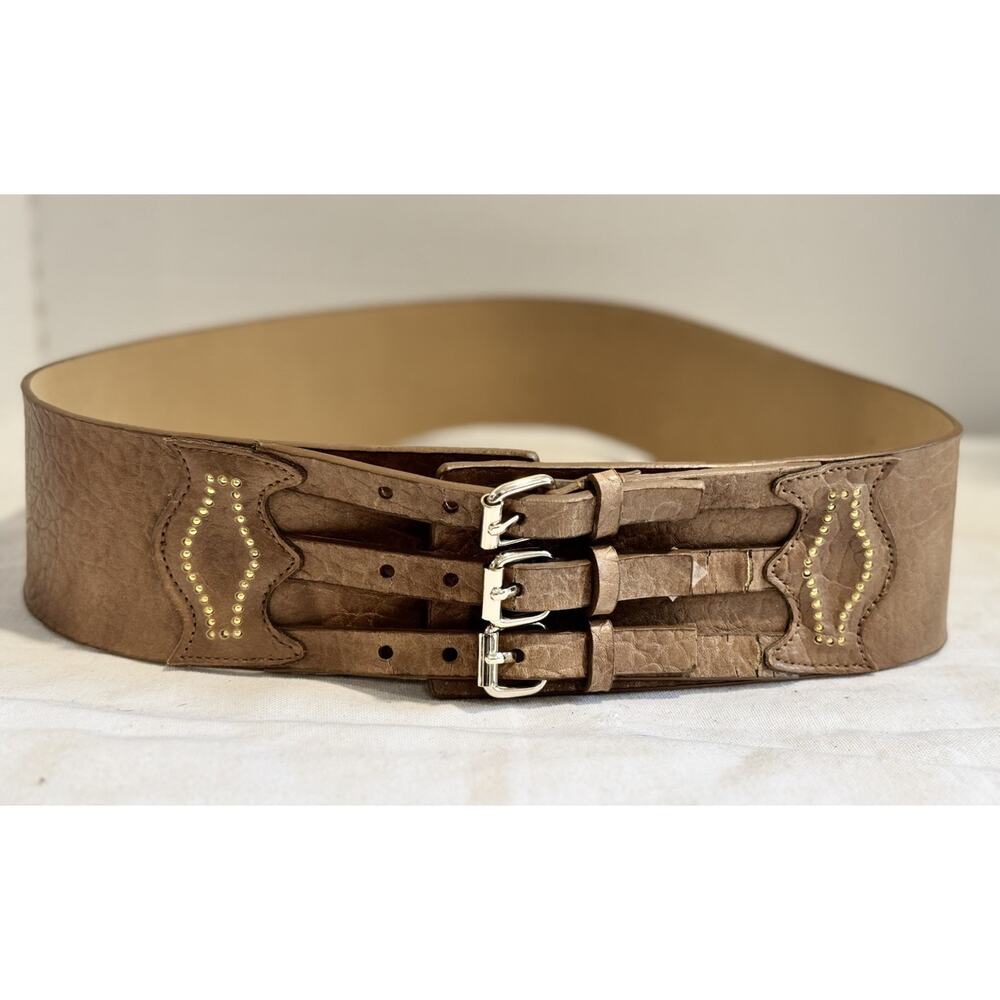 Jessica Simpson Beige Tan Western Textured Faux Leather Wide Waist Belt Sz Large